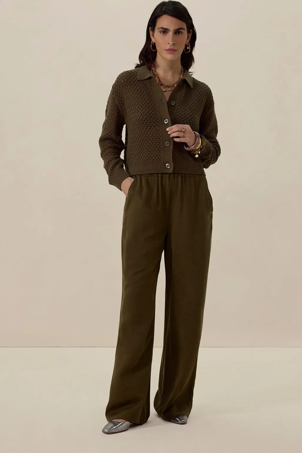 Donkergroene high waist wide leg broek