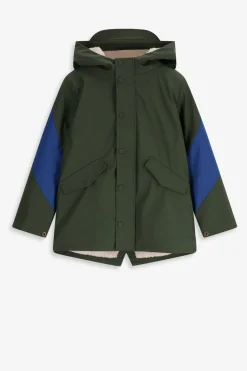 Donkergroene lange regenjas met colourblock