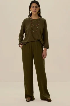 Donkergroene mid waist jersey broek