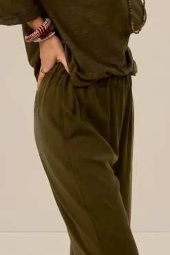Donkergroene mid waist jersey broek