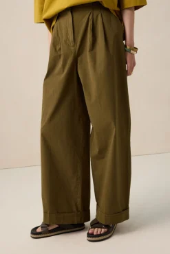 Donkergroene mid waist poplin broek