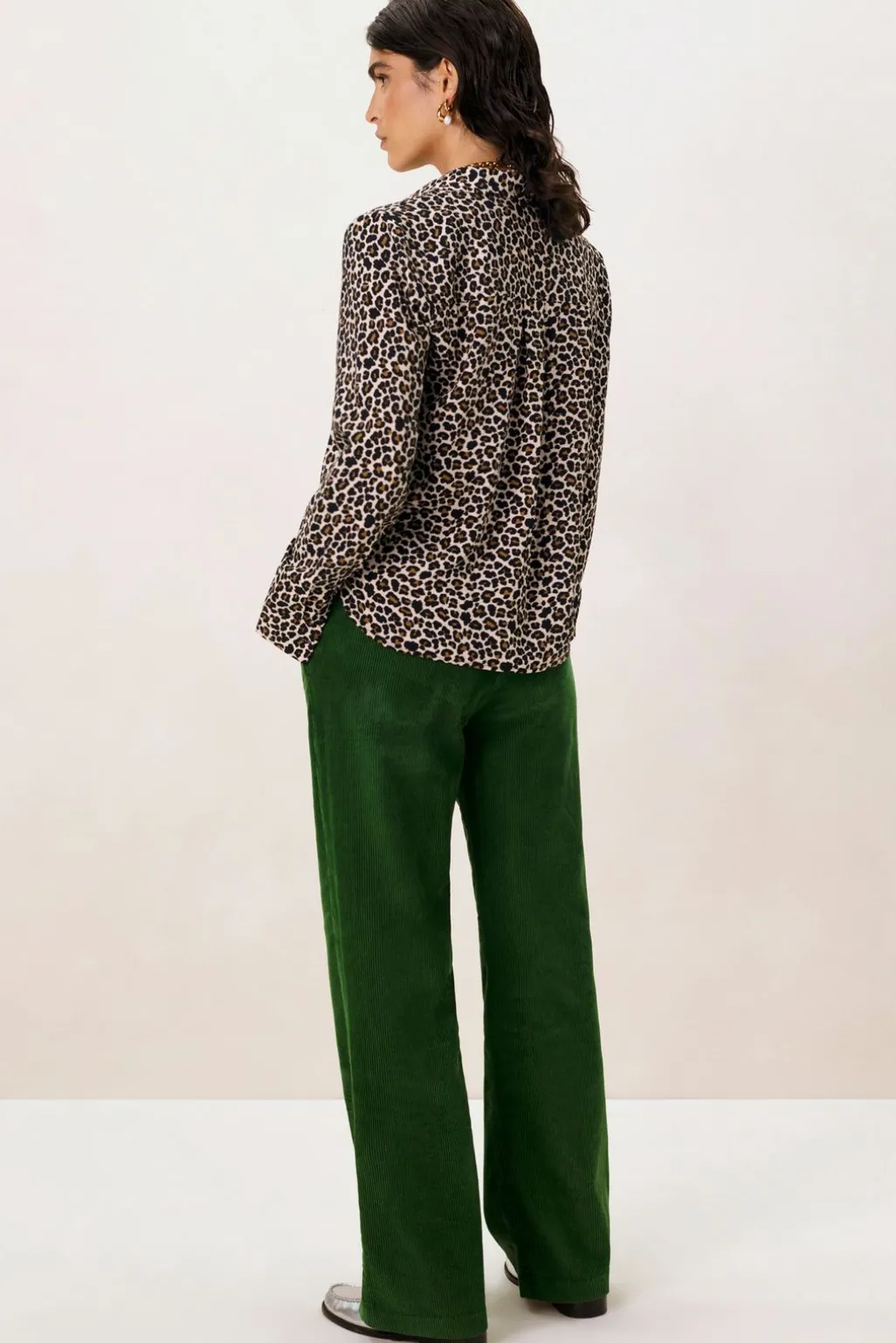 Donkergroene mid waist wide leg corduroy broek