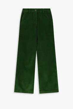 Donkergroene mid waist wide leg corduroy broek