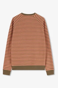 Donkergroene sweater met oranje strepen