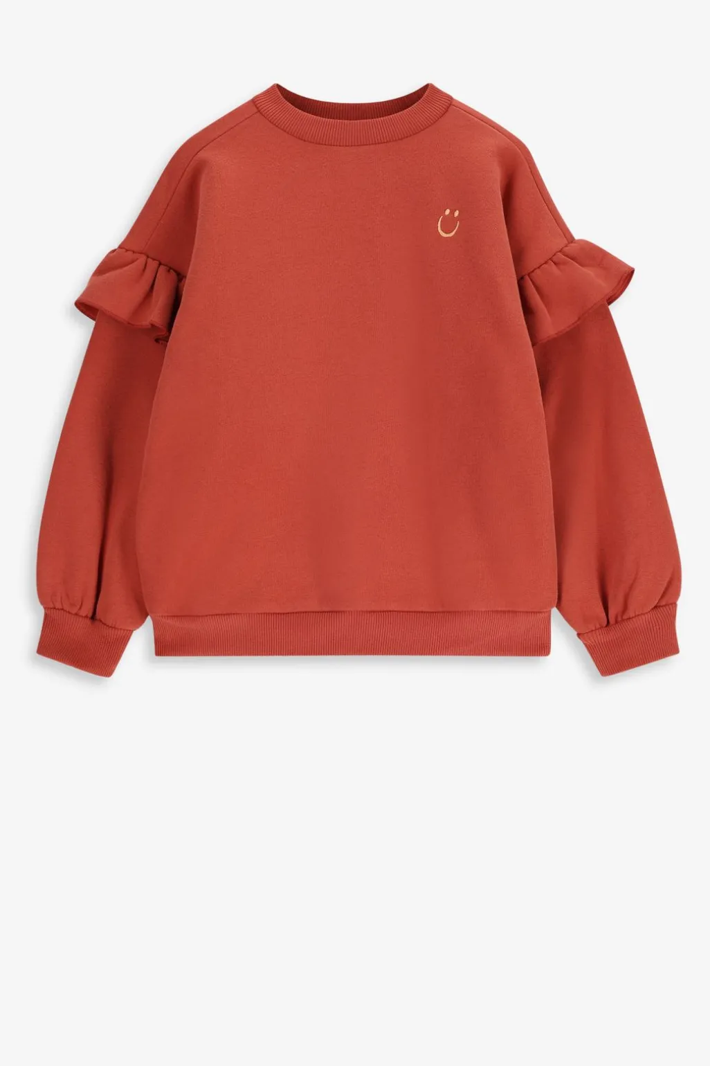 Donkeroranje oversized sweater met ruffles en smiley patch