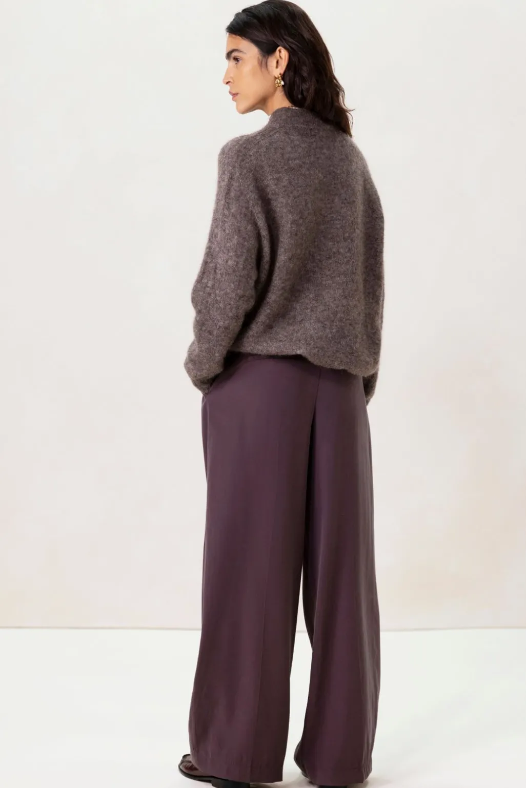 Donkerpaarse high waist wide leg broek