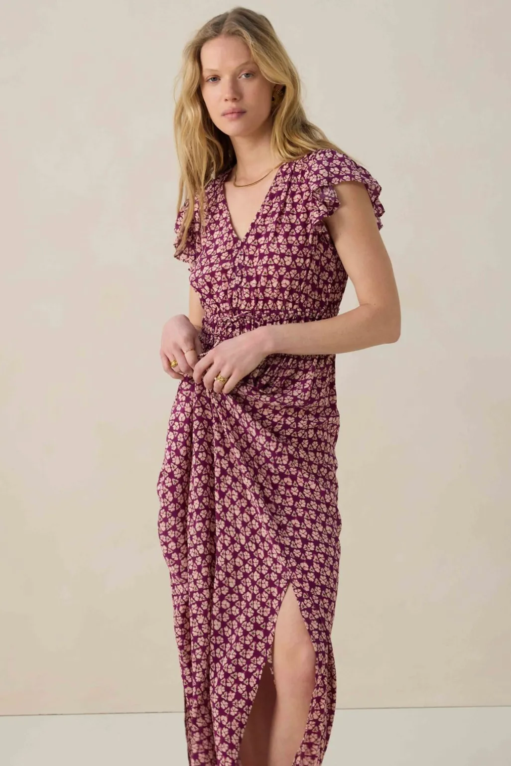 Donkerpaarse maxi jurk met ruffles