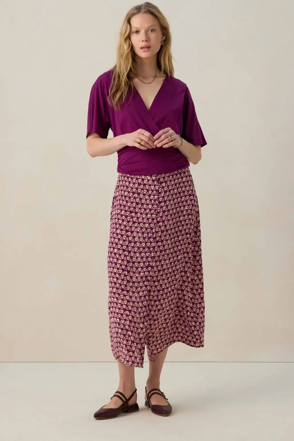 Donkerpaarse midi rok met print