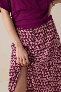 Donkerpaarse midi rok met print