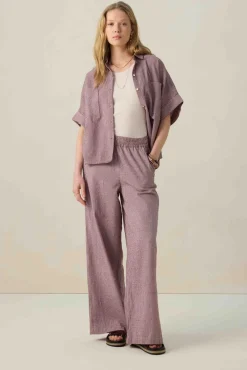 Donkerrode gestreepte high waist wide leg broek