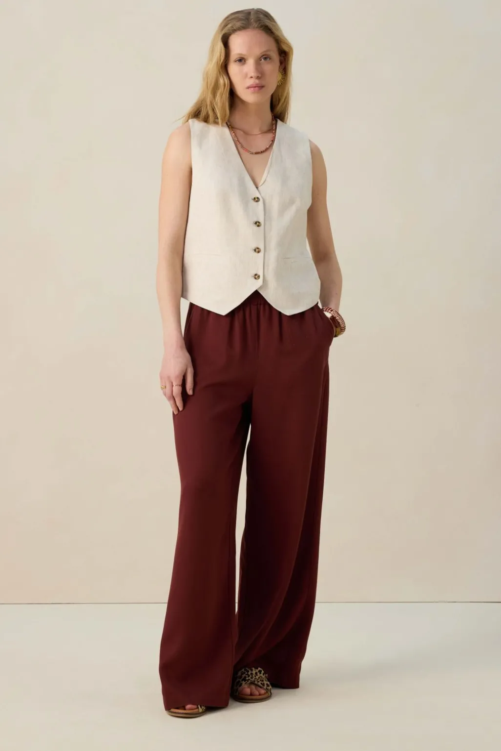Donkerrode high waist wide leg broek