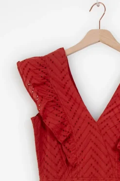 Donkerrode jurk met broderie en ruffles