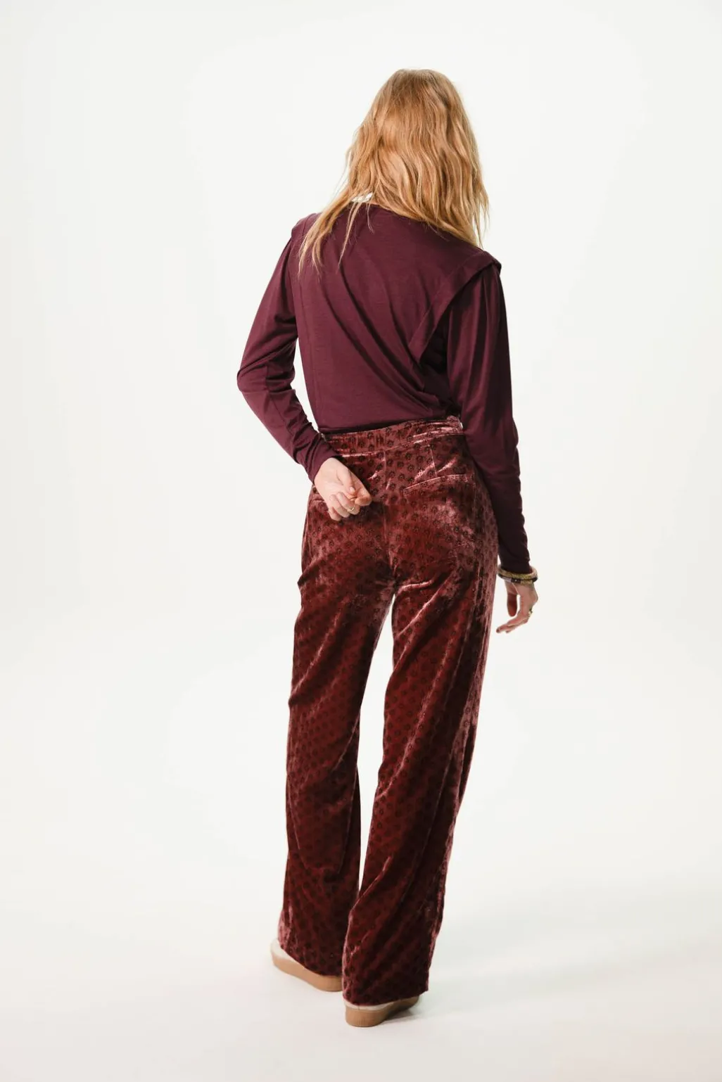 Donkerroze velvet broek met print
