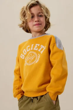 Gele colourblock sweater met artwork