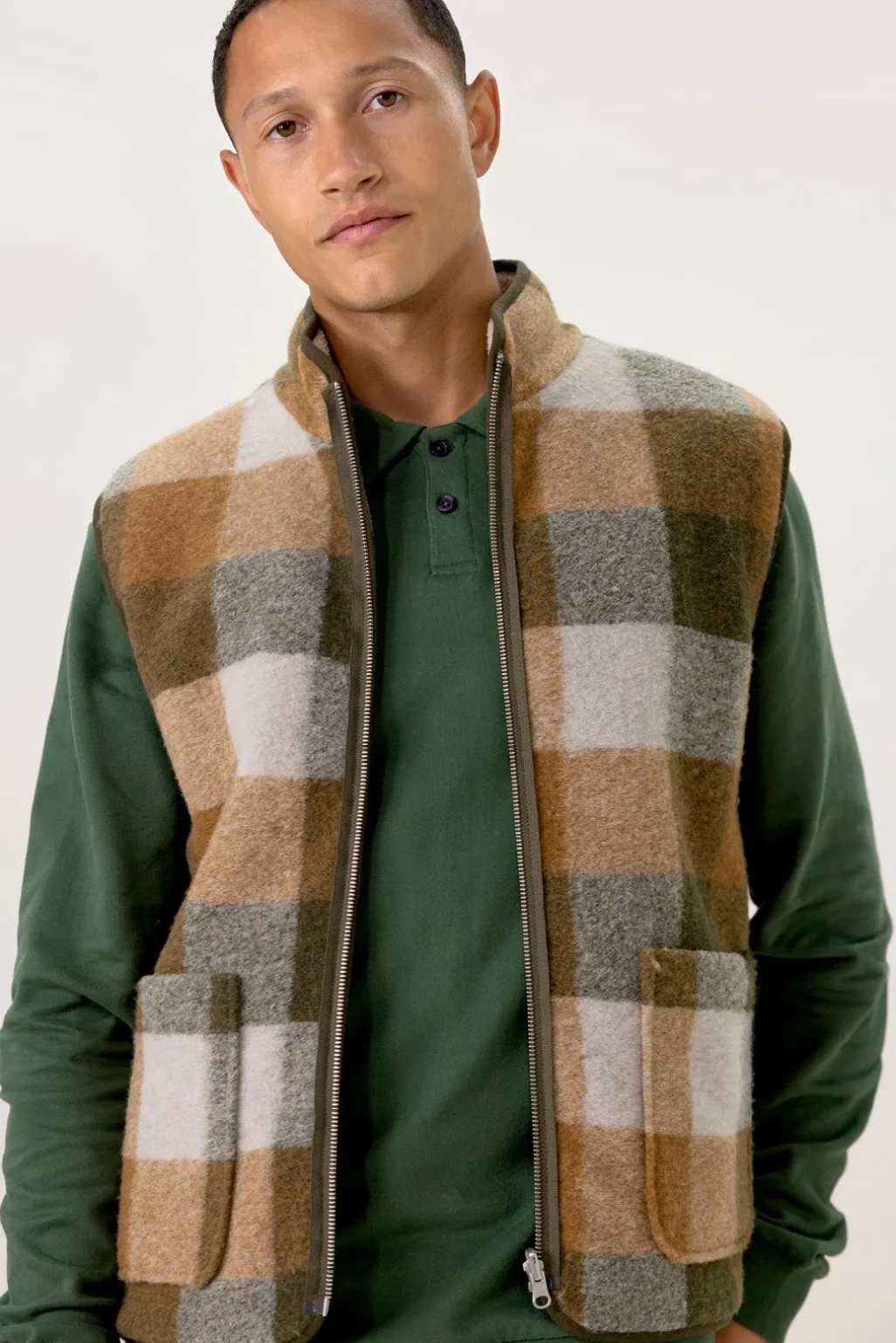 Groen geblokte reversible teddy bodywarmer