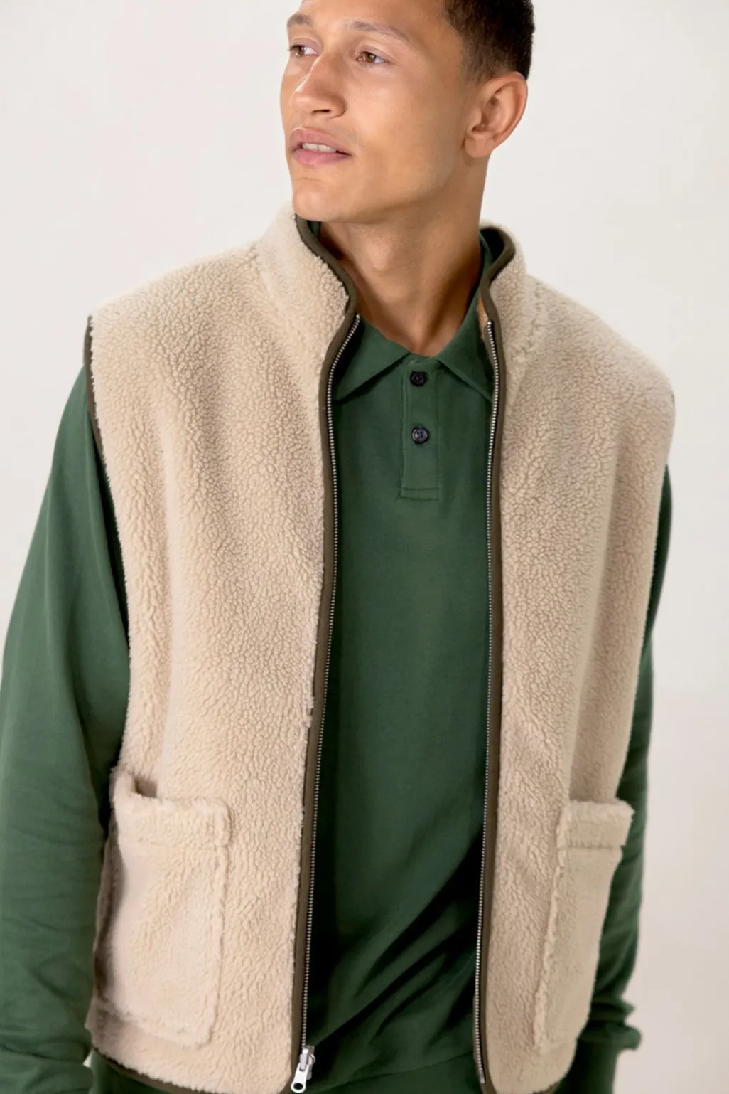 Groen geblokte reversible teddy bodywarmer