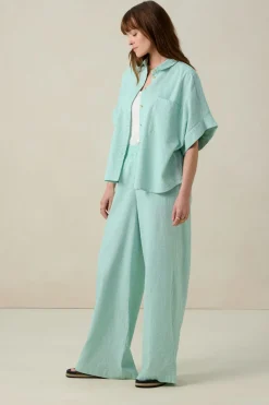 Groen gestreepte high waist wide leg broek