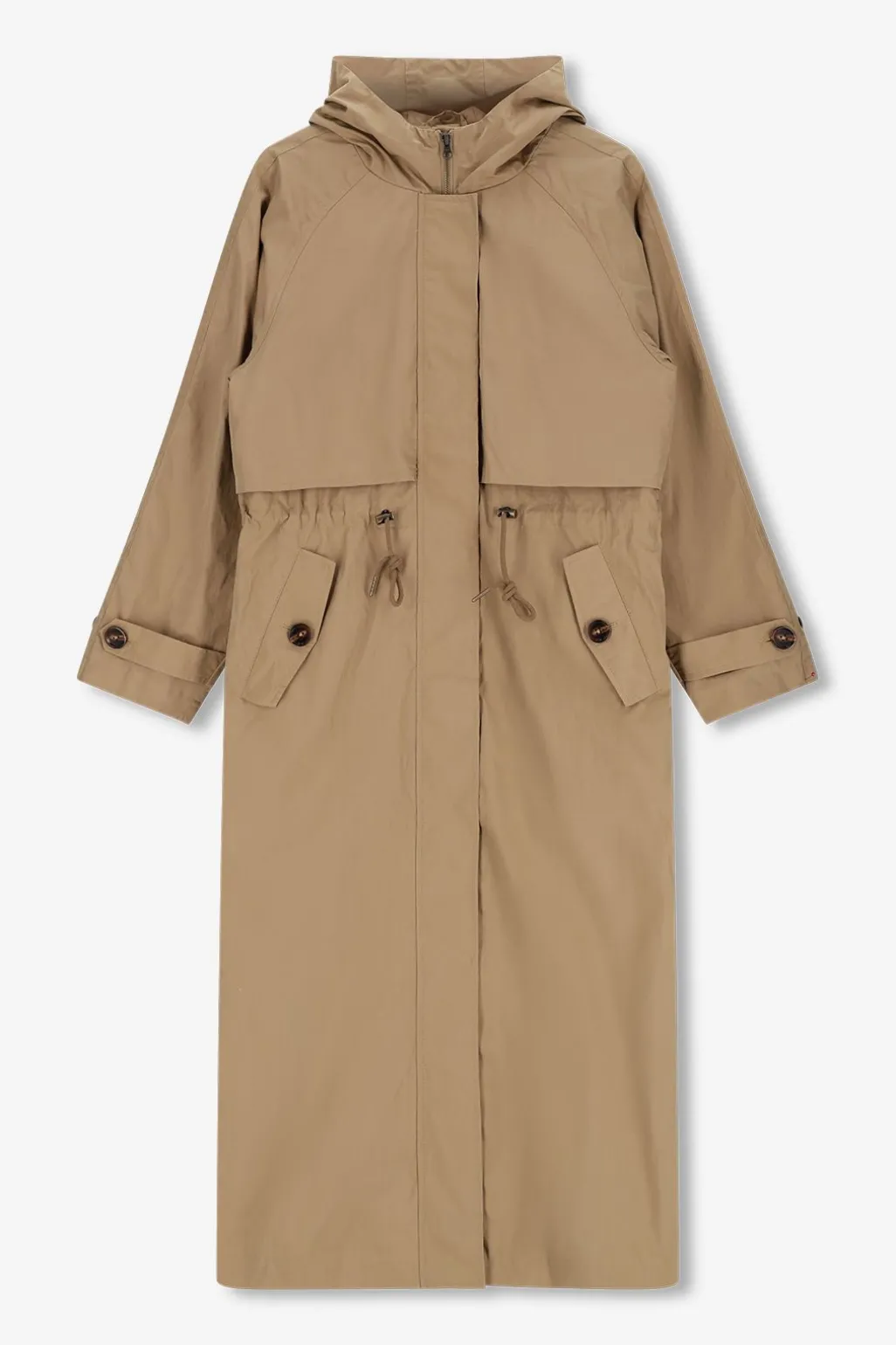 Khaki trenchcoat met capuchon