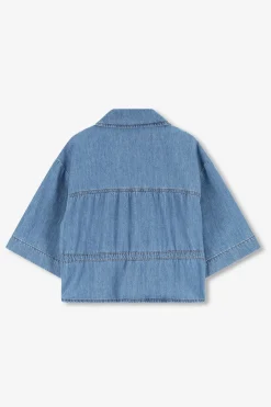 Lichtblauw denim jasje met striksluiting