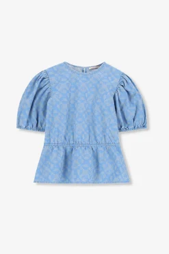 Lichtblauwe denim top met print