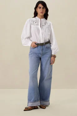 Lichtblauwe high waist wide leg jeans met omgeslagen pijpen