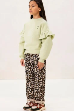 Lichtgroene oversized sweater met ruffles en smiley patch