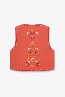 Lichtrood gilet met bloemen embroidery