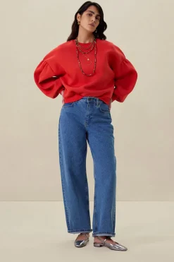 Rode sweater met pofmouwen