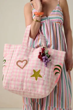 Roze canvas shopper met embroidery