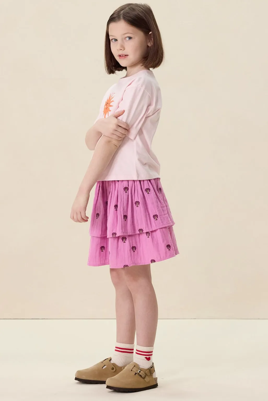 Roze ruffle rok met palmboom print