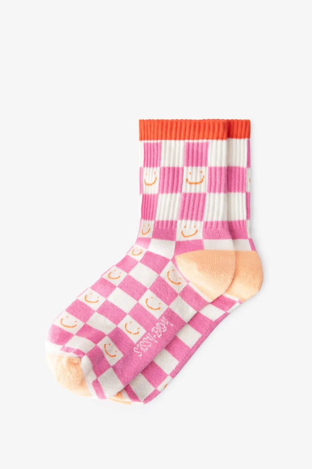 Roze sokken met blokjespatroon