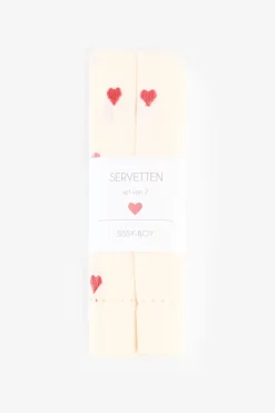 Set van 2 beige servetten met roze en rode geborduurde hartjes