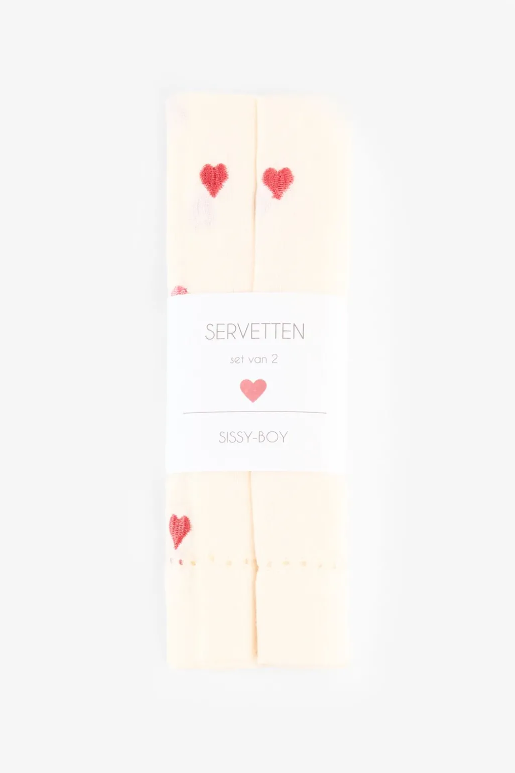 Set van 2 beige servetten met roze en rode geborduurde hartjes