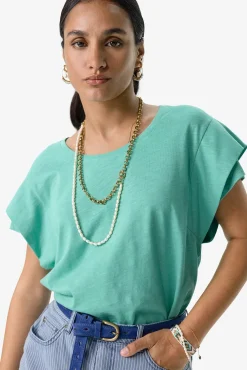 Turquoise T-shirt met schouderdetails