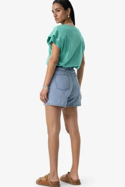 Turquoise T-shirt met schouderdetails