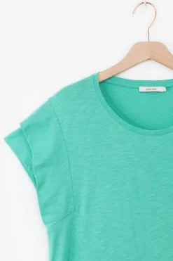 Turquoise T-shirt met schouderdetails