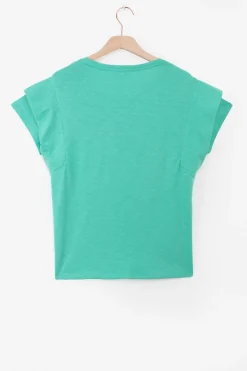 Turquoise T-shirt met schouderdetails