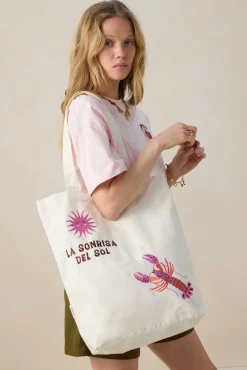 Witte canvas shopper met embroidery