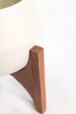 Witte plantenpot met houten standaard