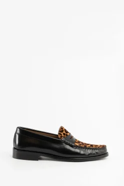 Zwarte leren loafer met leopard print