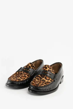 Zwarte leren loafer met leopard print