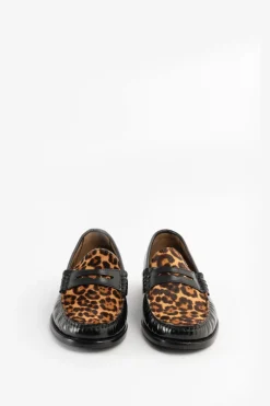Zwarte leren loafer met leopard print